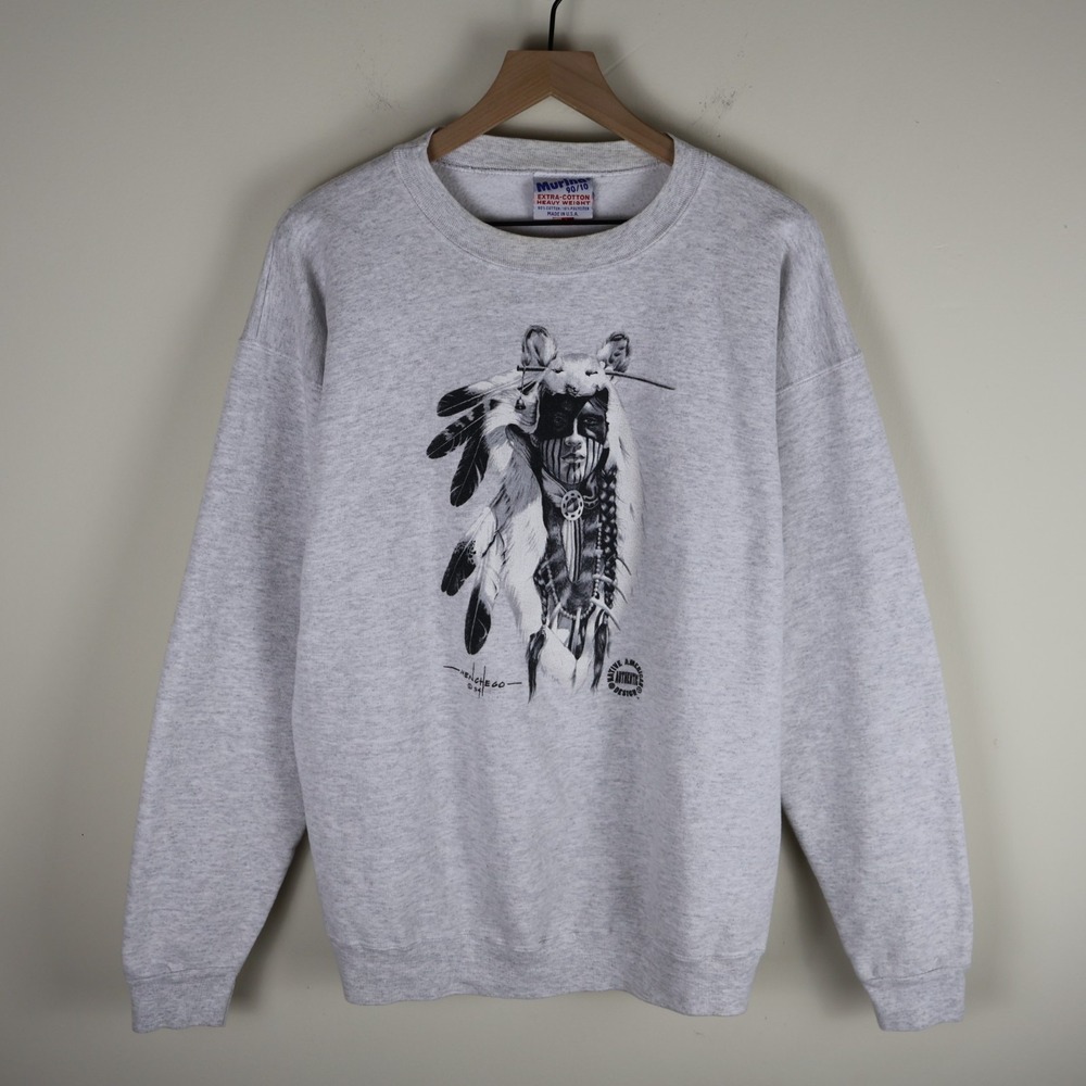 Vintage 1994 Native American Menchengo Artist Sweatshirt Gray Large‎ 23x28